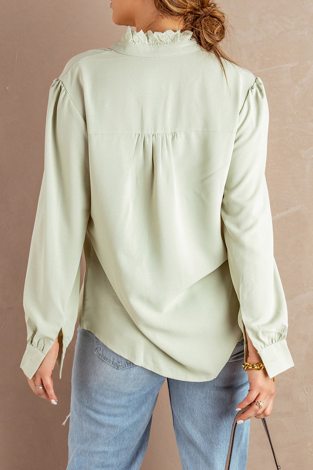 Solid Color Lace Frilled Trims Long Sleeve Shirt