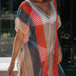 Striped Tassel Crochet V Neck Beach Cover Up