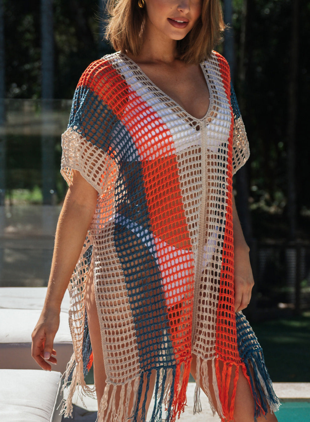 Striped Tassel Crochet V Neck Beach Cover Up