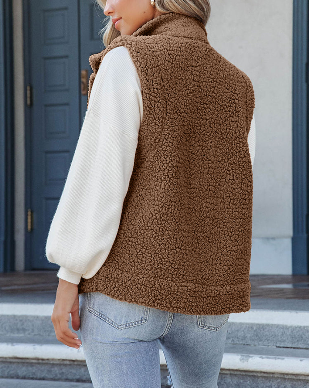 Snap Button Pocketed Sherpa Vest Jacket