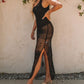 Black Boho Floral Crochet Sleeveless Beach Cover Up Dress