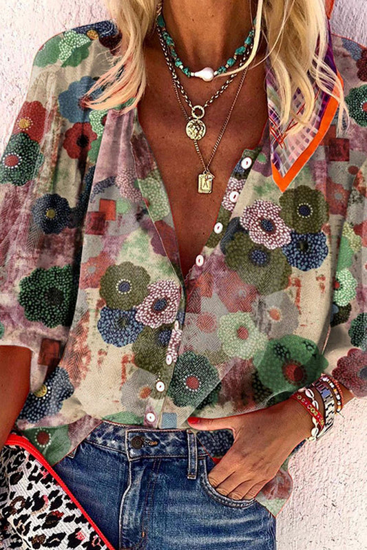 Floral V-Neck 3/4 Sleeve Button Down Shirt