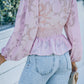 Pink Floral Textured Puff Sleeve Smocked Waist Peplum Top