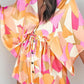 Geometric Print Button Drawstring Batwing Sleeve Dress