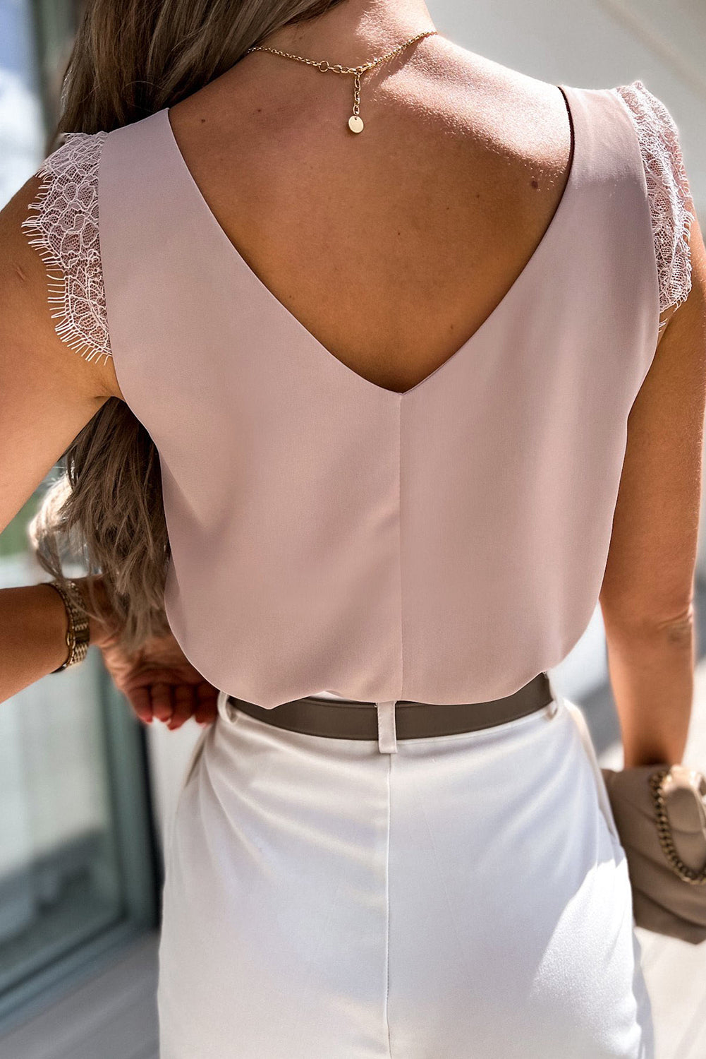 Apricot Eyelash Shoulder V Neck Tank Top