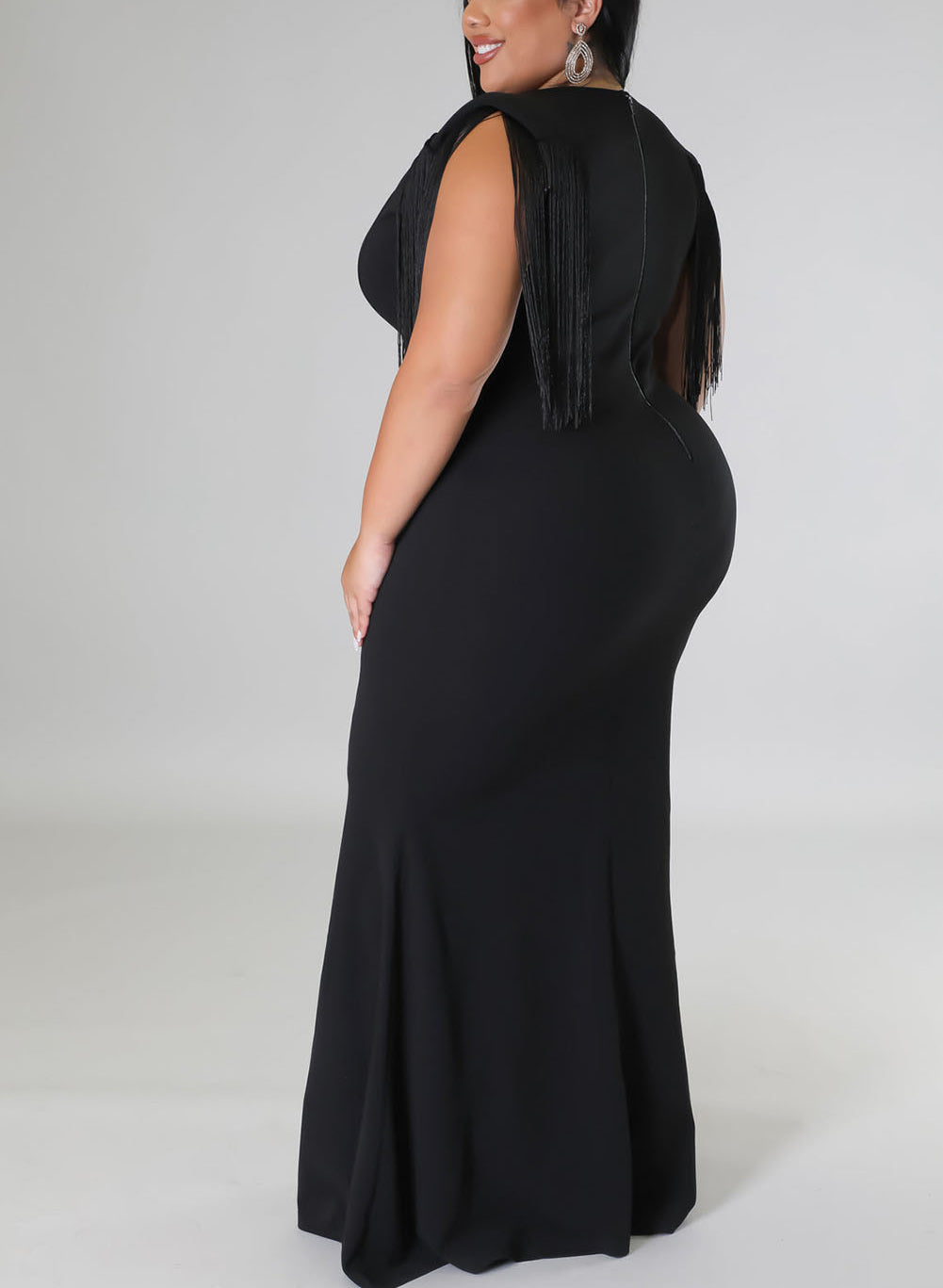 Black Plus Size Surplice V Neck Fringe Formal Maxi Dress