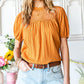 Orange Textured Crochet Keyhole Puff Sleeve Blouse