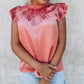 Pink Satin Fringed Ruffle Sleeve Mock Neck Blouse