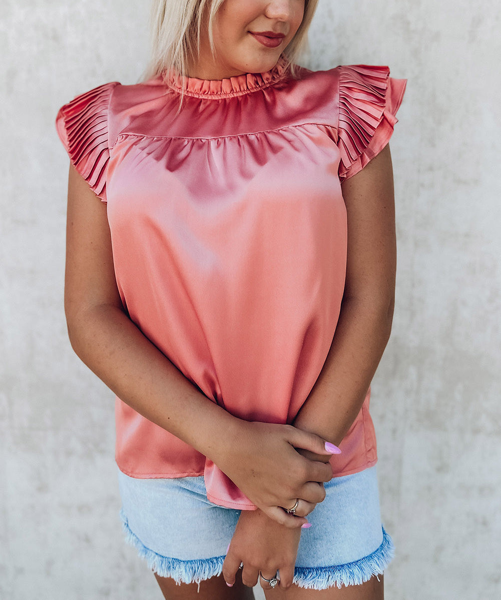 Pink Satin Fringed Ruffle Sleeve Mock Neck Blouse