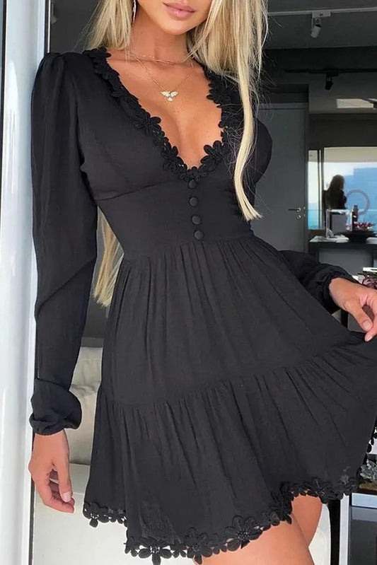 Black Lace Splicing Long Sleeve Ruched Mini Dress