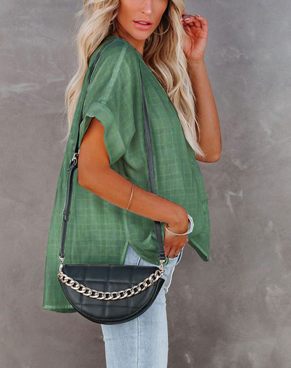 Green Plaid Print Loose V Neck Short Sleeve Shirt with Slits