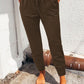 Brown Solid Drawstring Elastic Waist Pants with Pocket