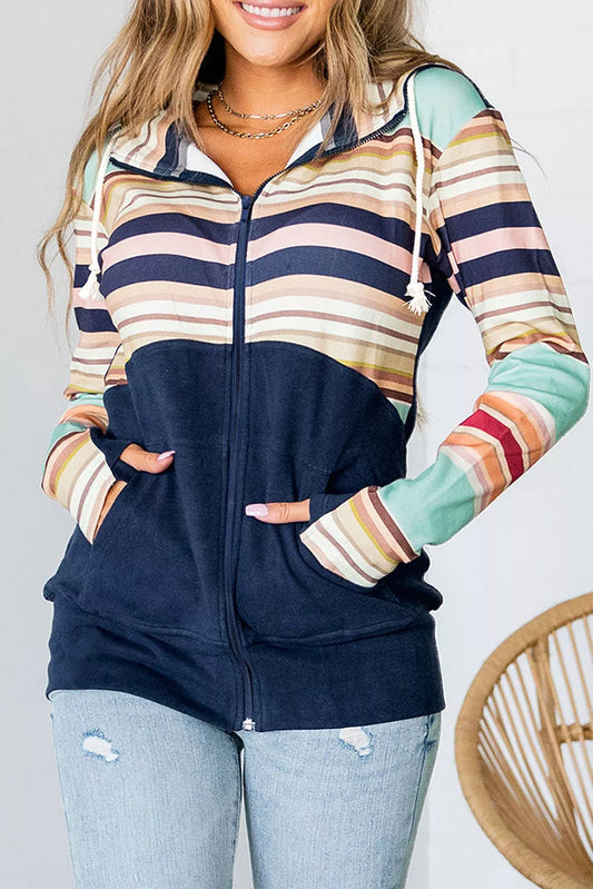 Striped Color Block Thumbhole Sleeve Full Zip Hoodie