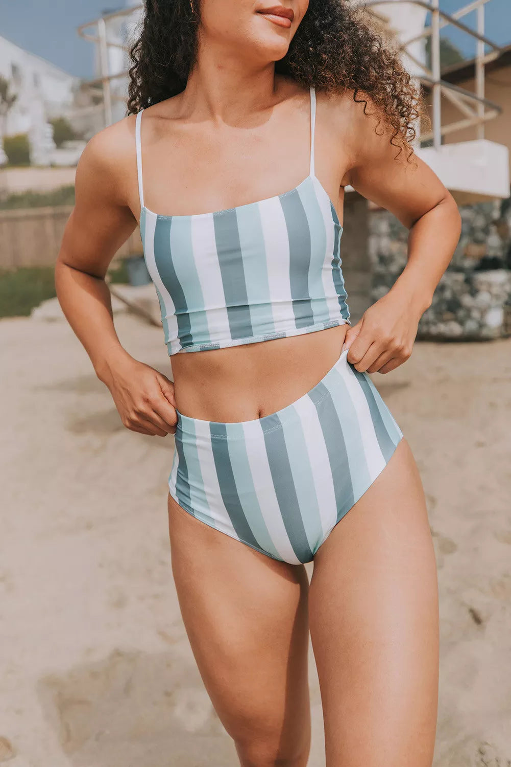 Vertical Striped High Waist Bikini Swimsuit