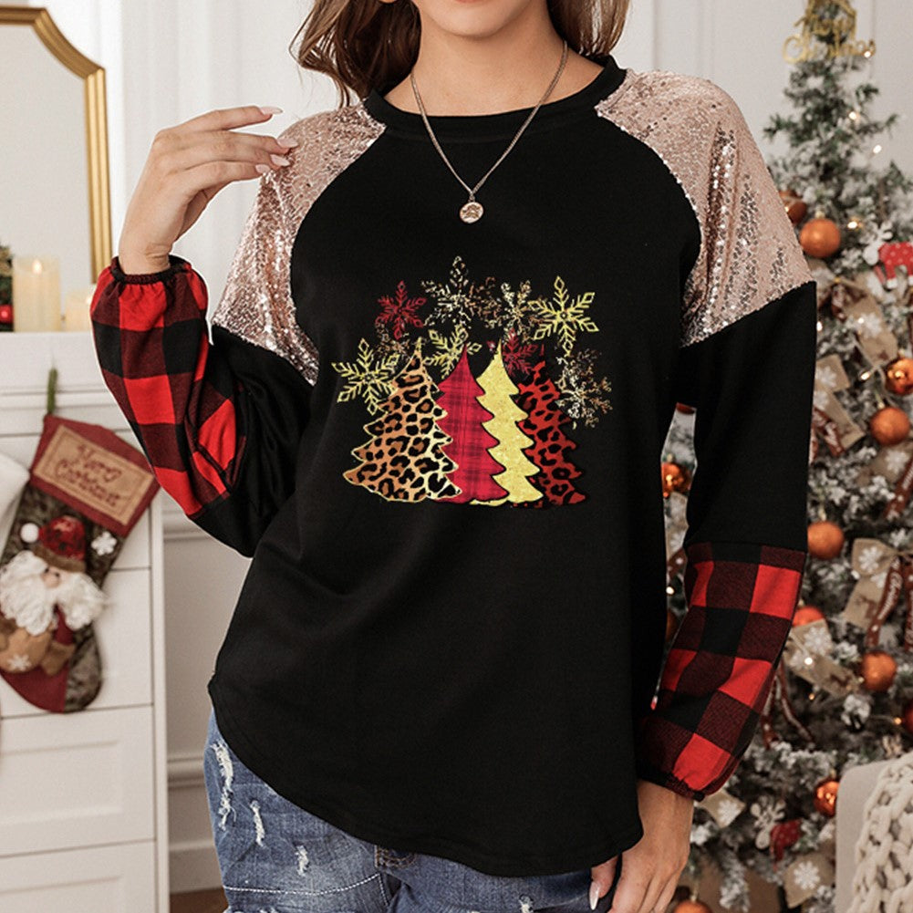 Christmas Tree Graphic Sequin Plaid Long Sleeve Top