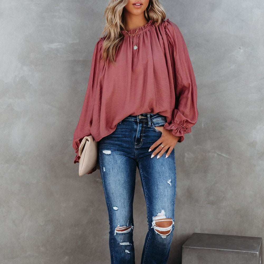 Frilled Neck Ruffled Long Sleeve Blouse