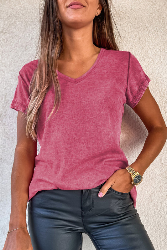 Rose Mineral Washed V Neck Short Sleeve T Shirt
