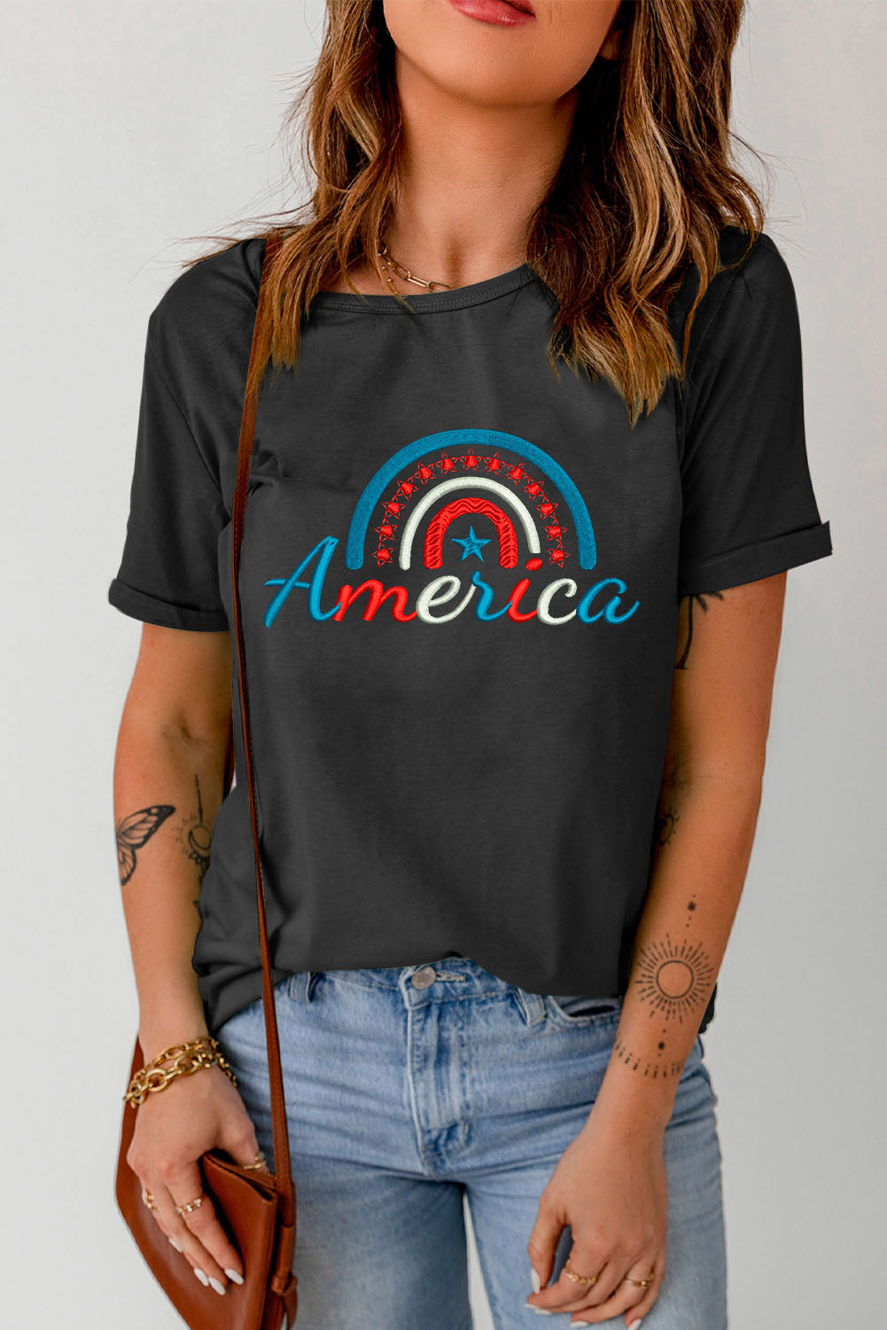 America Stars Graphic Embroidered Short Sleeve T Shirt