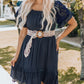Blue Lace Ruffle Sleeve Cinch Waist Smocking Dress