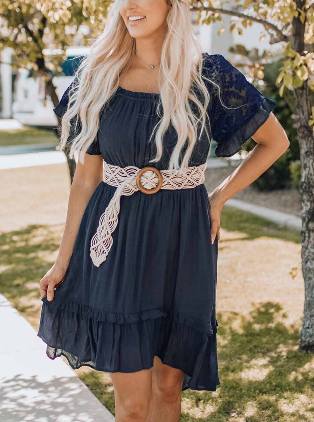 Blue Lace Ruffle Sleeve Cinch Waist Smocking Dress