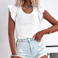 White Rib Knitted Ruffle Sleeve U Neck Top
