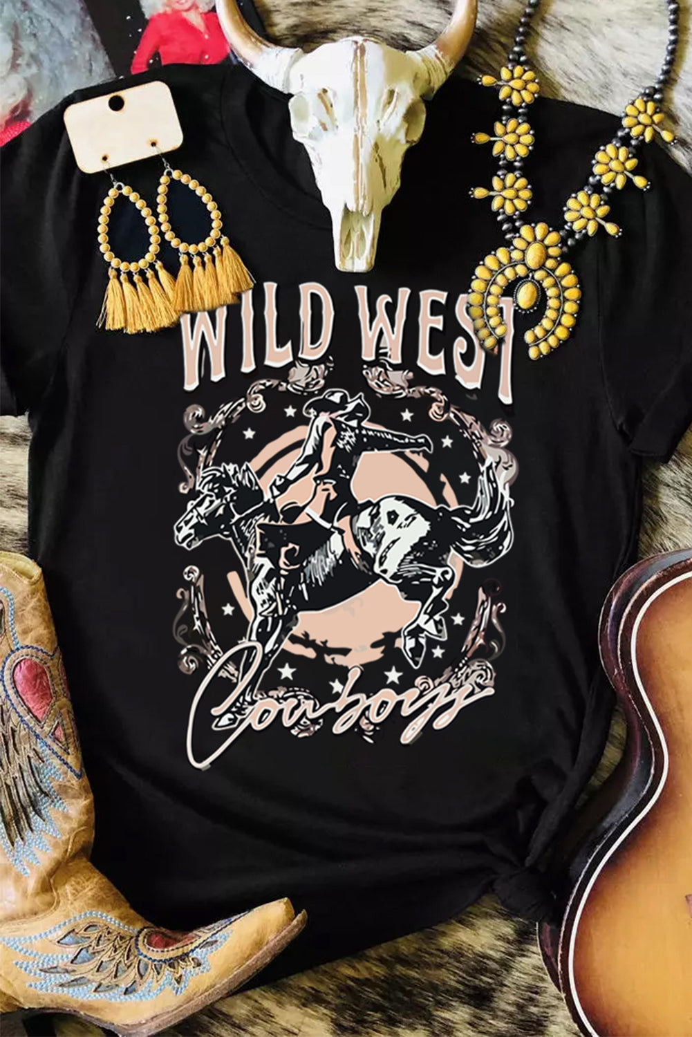 Black WILD WEST Cowboys Graphic Print Crewneck T Shirt
