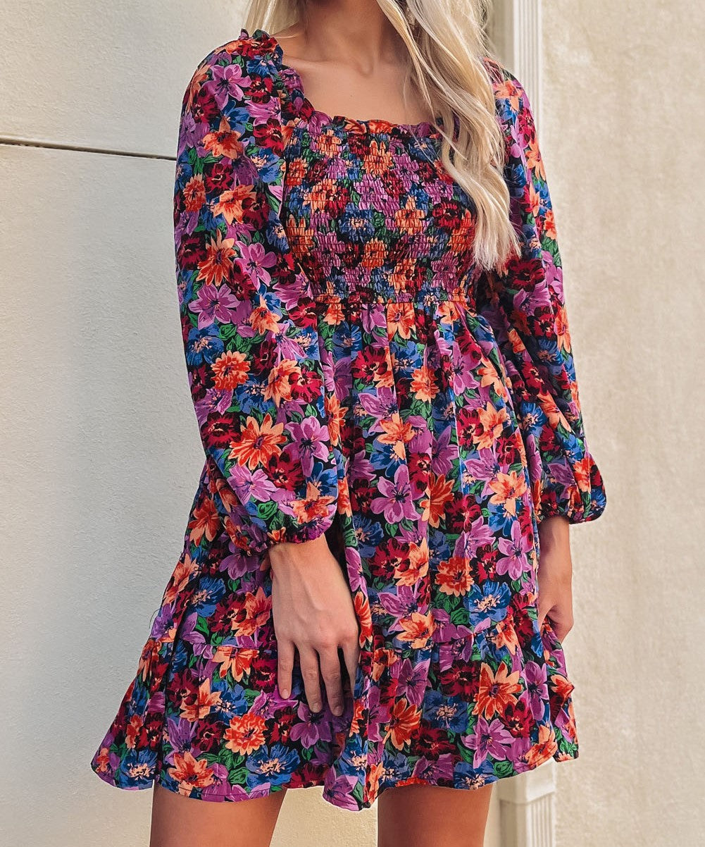 Floral Puff Sleeve Smocked Dress