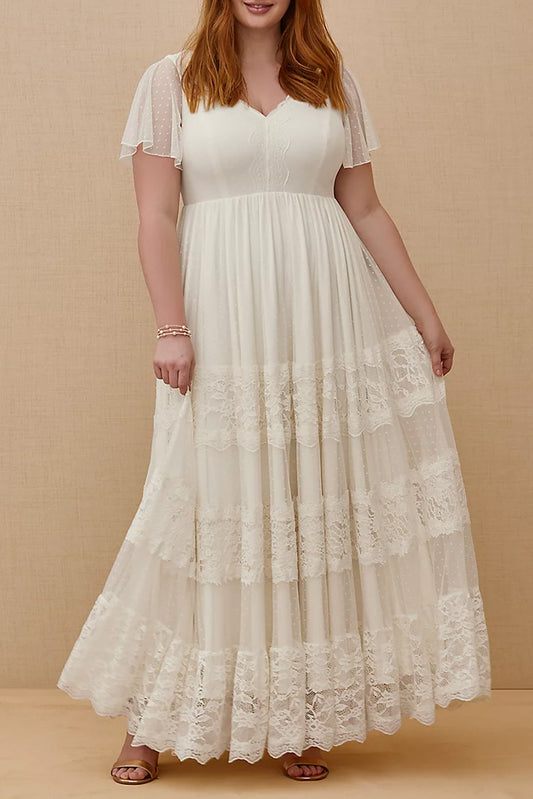White Plus Size Lace A-line Boho Wedding Dress