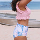 Pink Ribbed Ruched Ruffle Top Printed Bikini Set