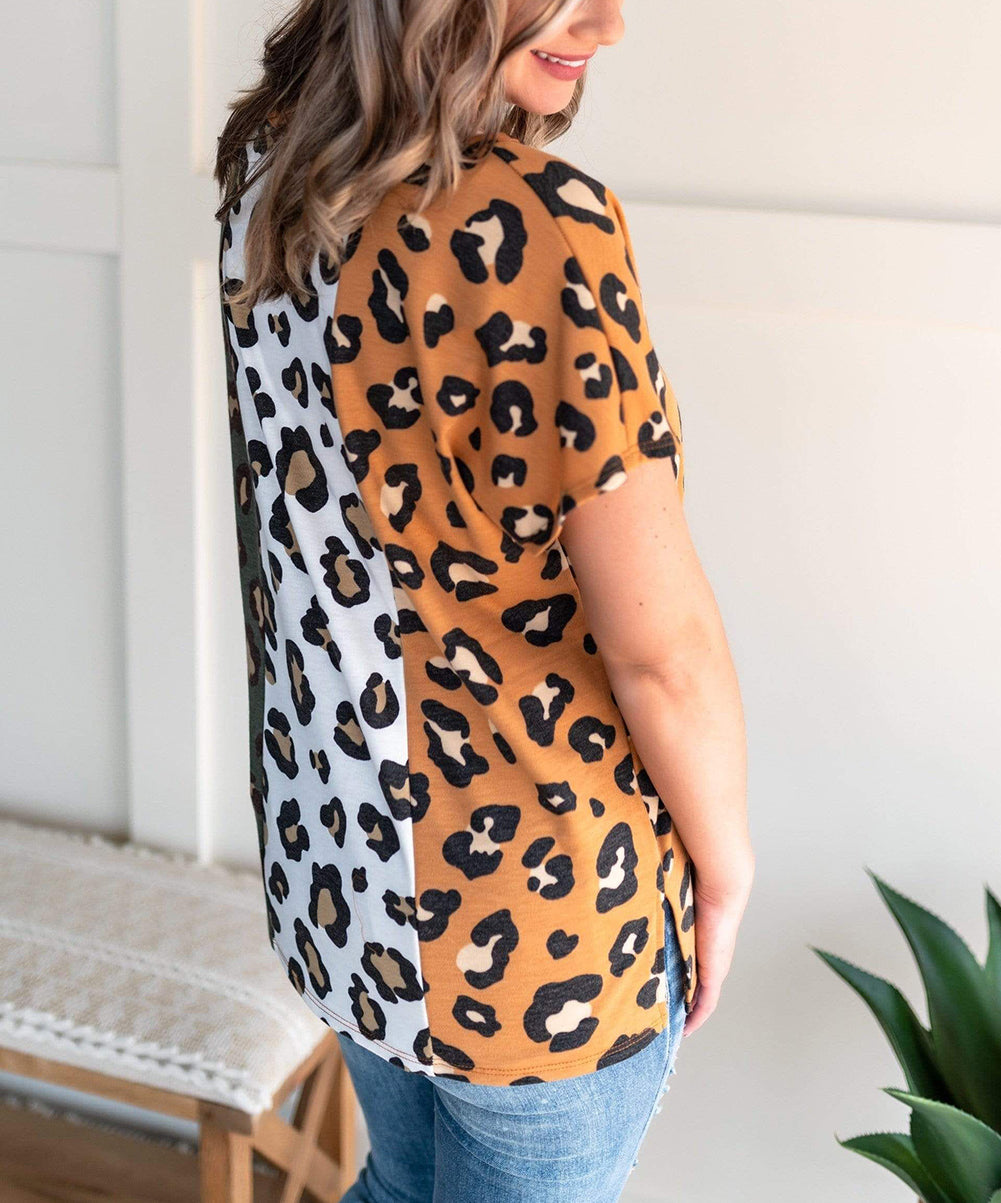 Yellow Plus Size Leopard Print Contrast T-Shirt