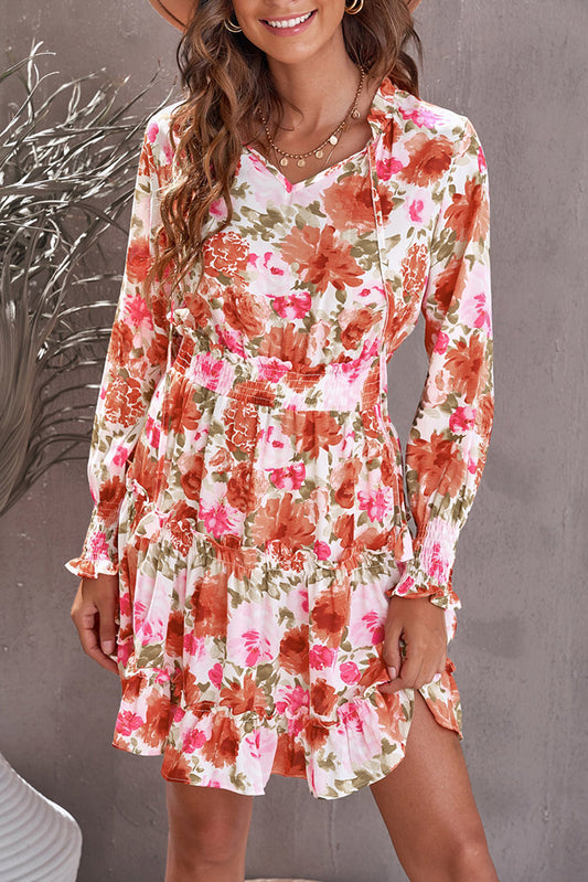 Floral V Neck Long Sleeve Tie Waist Mini Dress