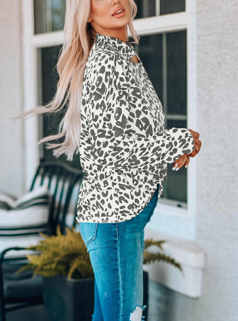 Leopard Cold Shoulder Long Sleeve Top