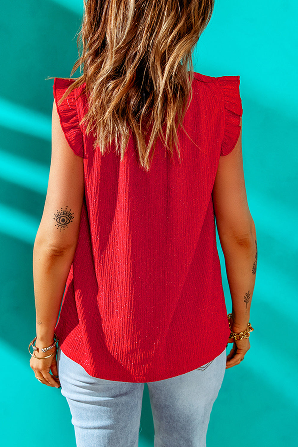 Red Ruffled Ribbed O-neck Sleeveless Top