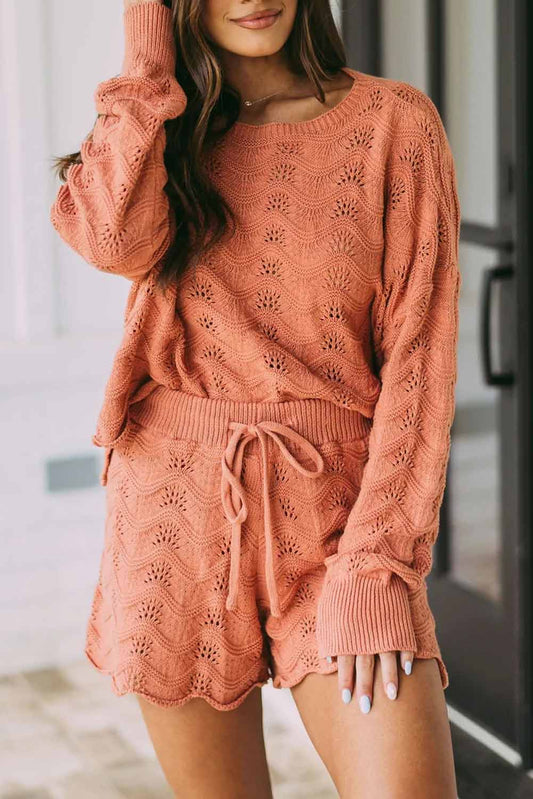 2pcs Scalloped Long Sleeve Sweater and Shorts Set