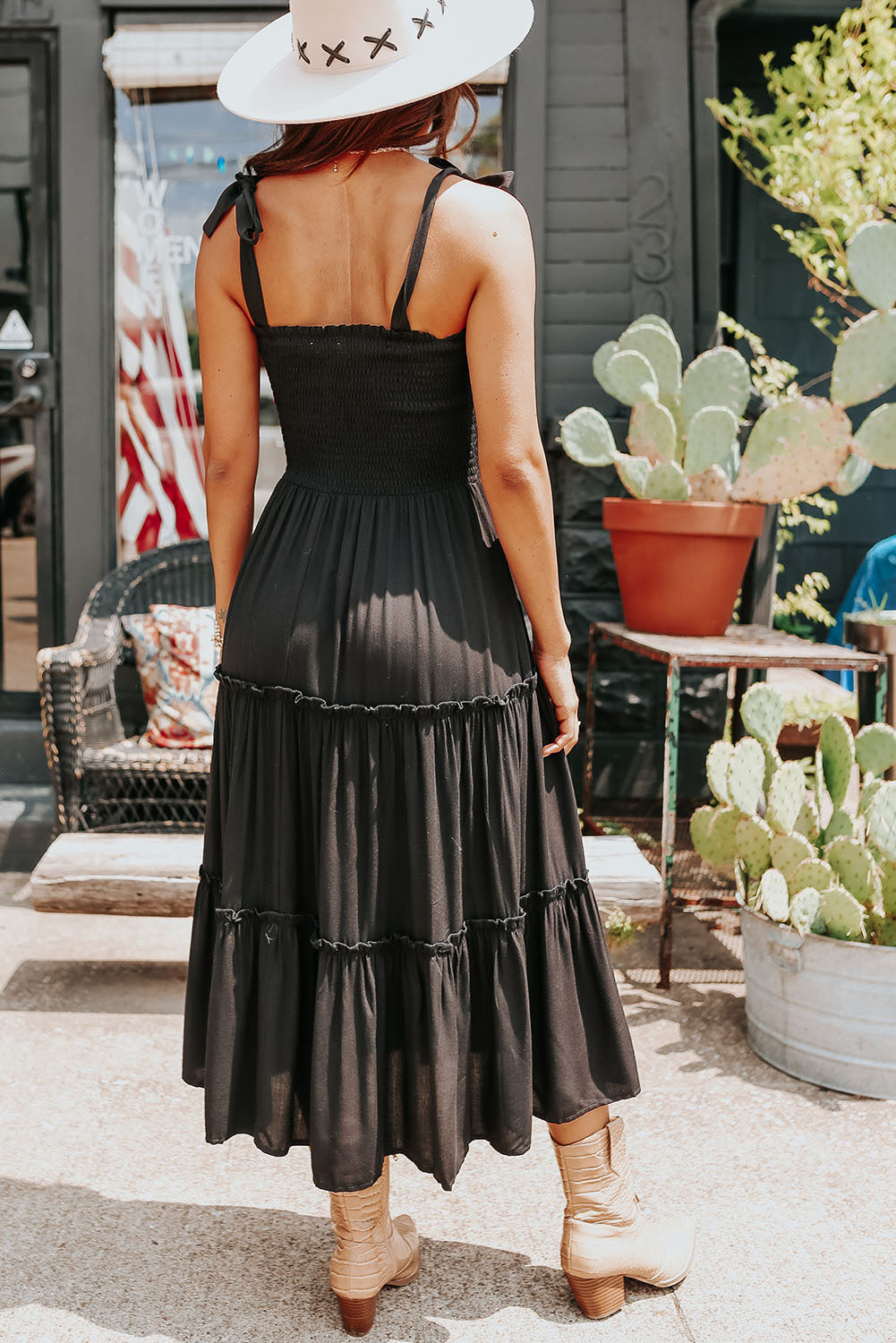 Black Tie Strap Smocked Frill Tiered Midi Dress