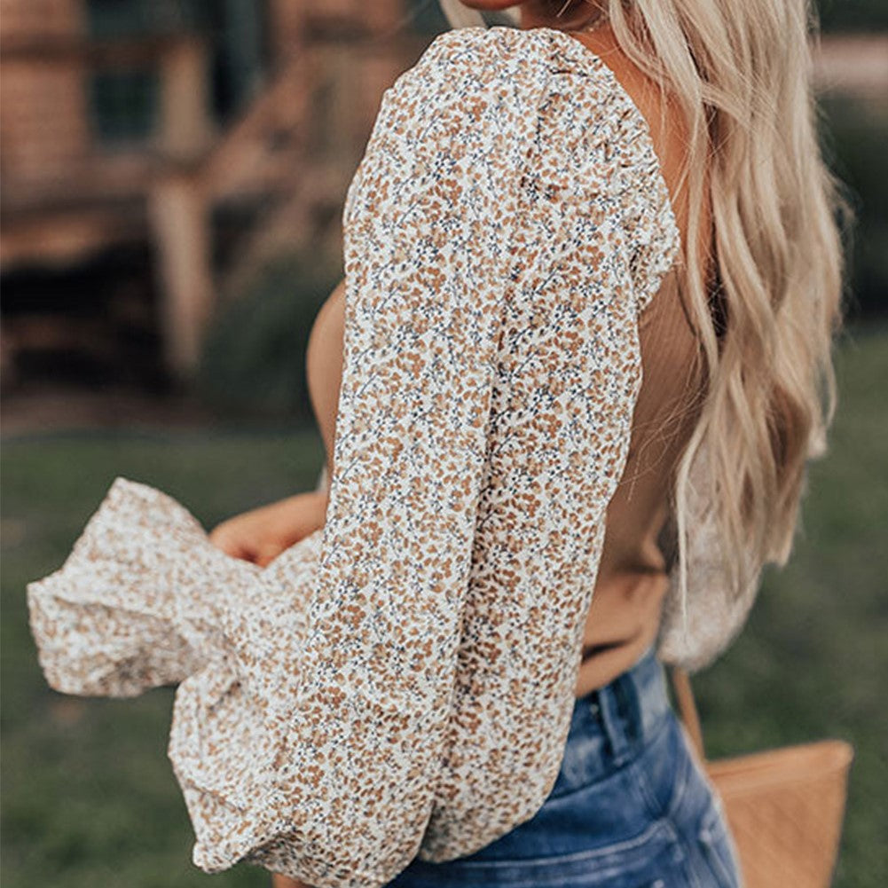 Floral Print Splicing Shirred Puff Sleeve Blouse