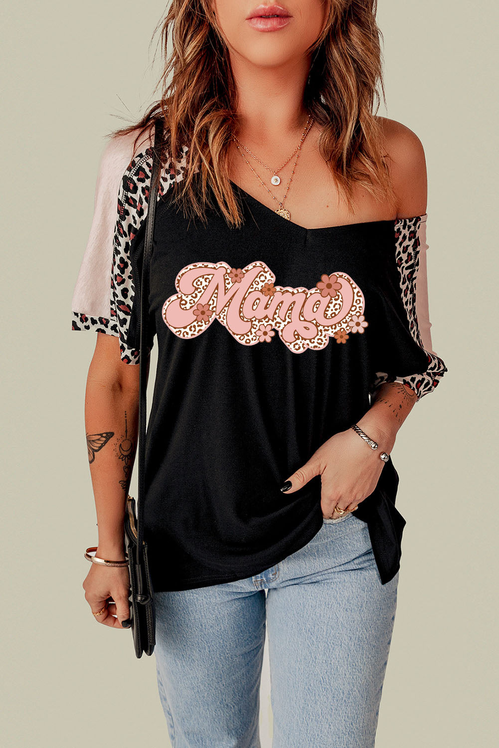 Mama Floral Leopard Patchwork Half Sleeve T Shirt