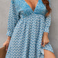 Blue V Neck 3/4 Sleeve Bohemian Vintage Print Mini Dress