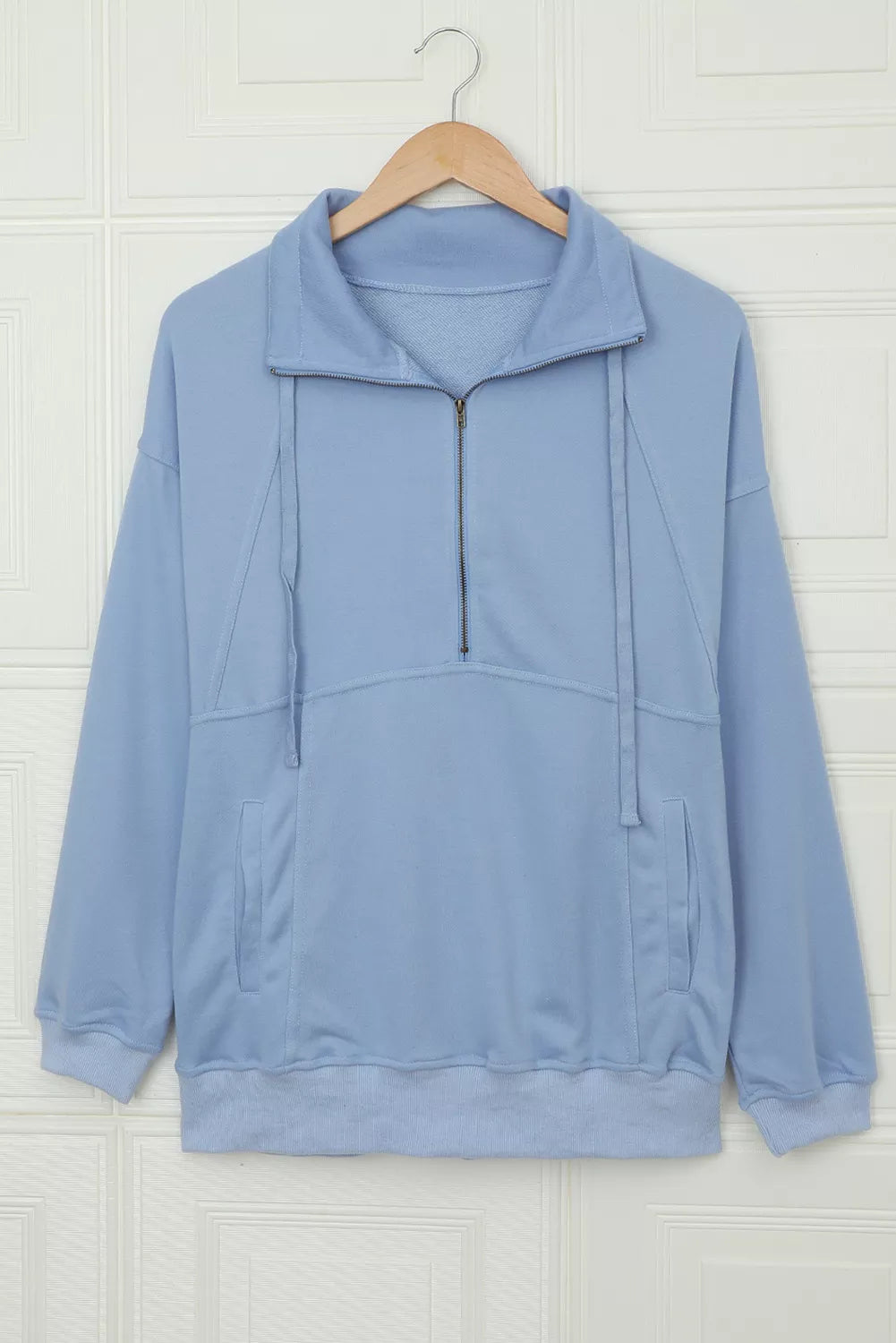 Cotton Pocketed Half Zip Pullover Sky Blue Sweatshirt