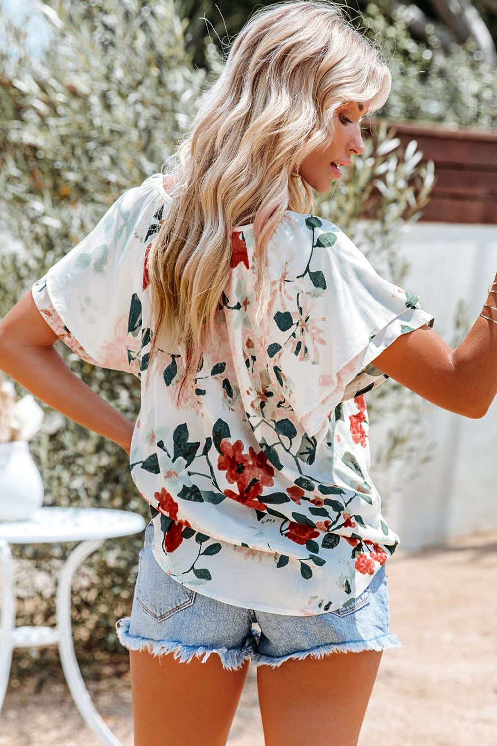 Floral Print Buttons Tiered Ruffled Shot Sleeve Shirt