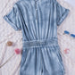 Sky Blue V Neck Smocked Waist Pocketed Chambray Romper