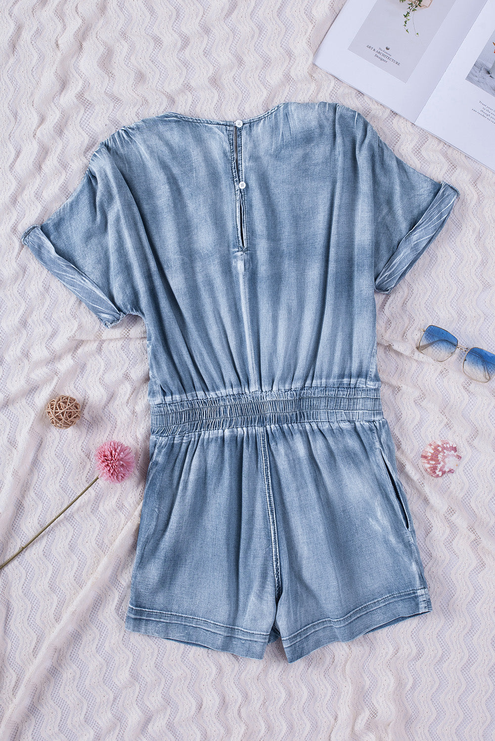 Sky Blue V Neck Smocked Waist Pocketed Chambray Romper