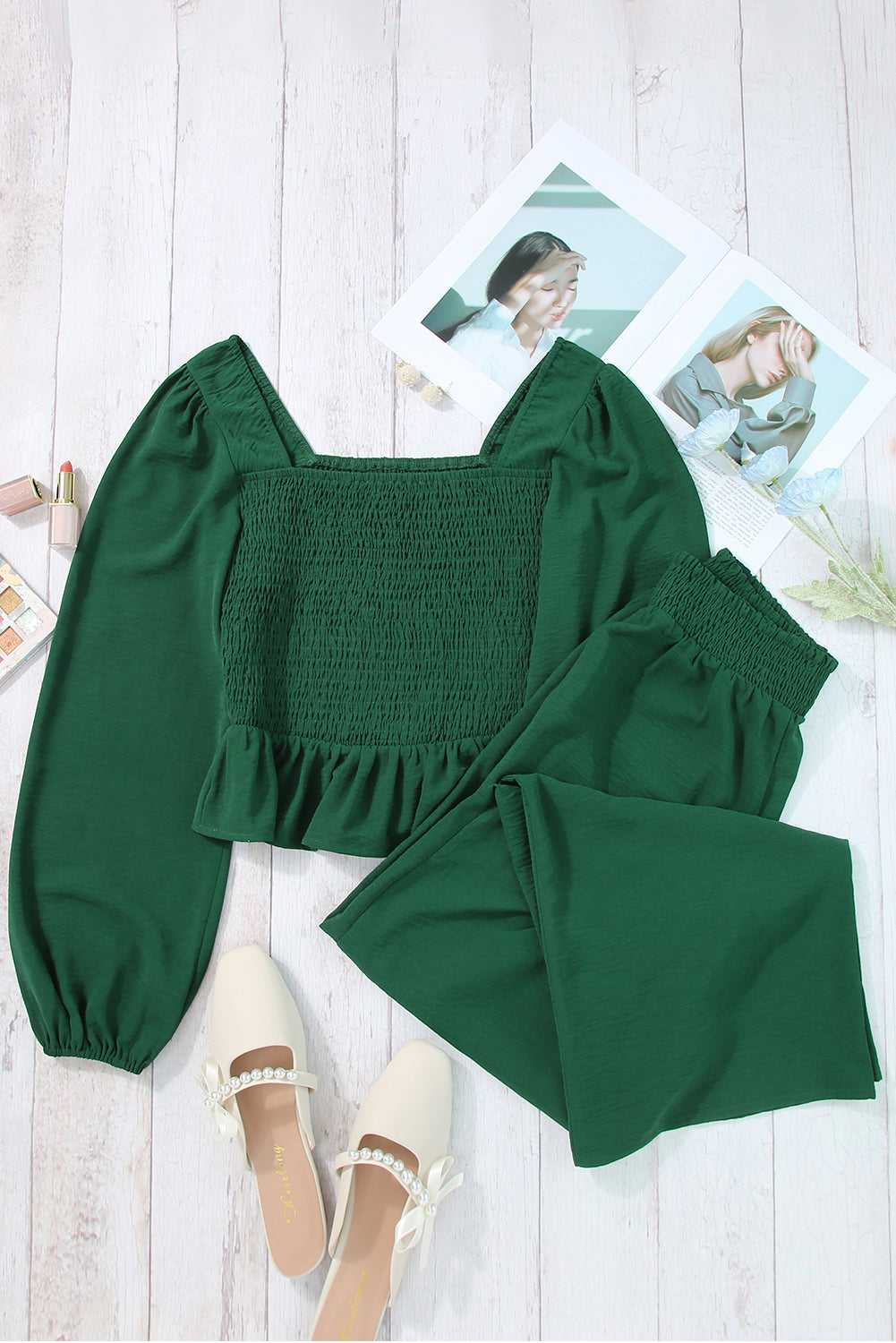 Square Neck Smocked Peplum Top and Pants Set