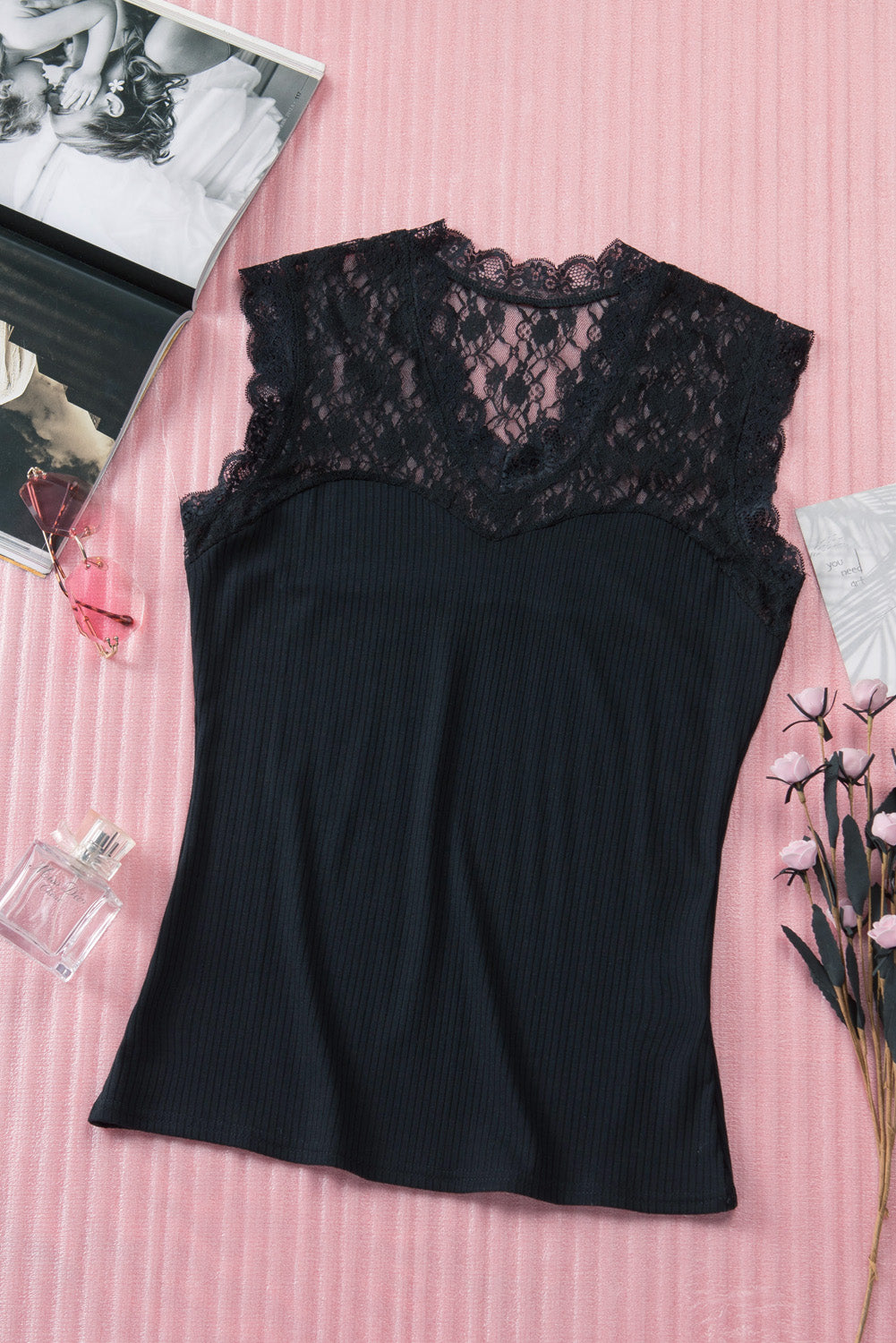 Lace Splicing V Neck Ribbed Sleeveless Top