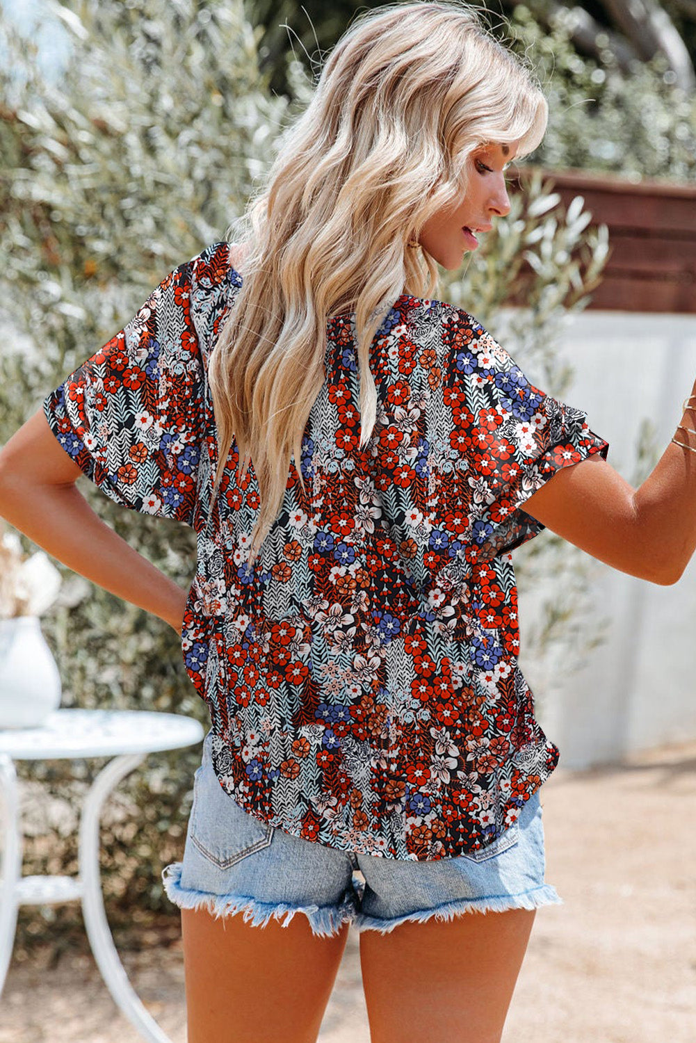 Floral Print Buttons Tiered Ruffled Shot Sleeve Shirt