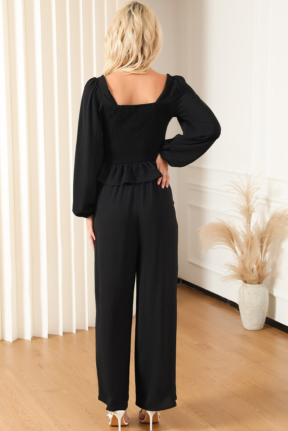 Square Neck Smocked Peplum Top and Pants Set