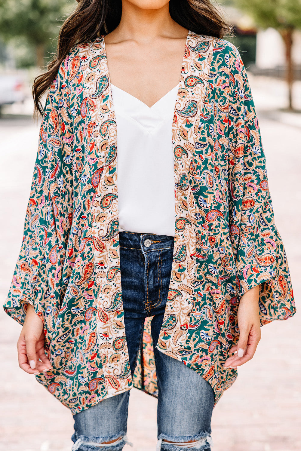 Green Paisley Floral Print Open Front Flowy Kimono