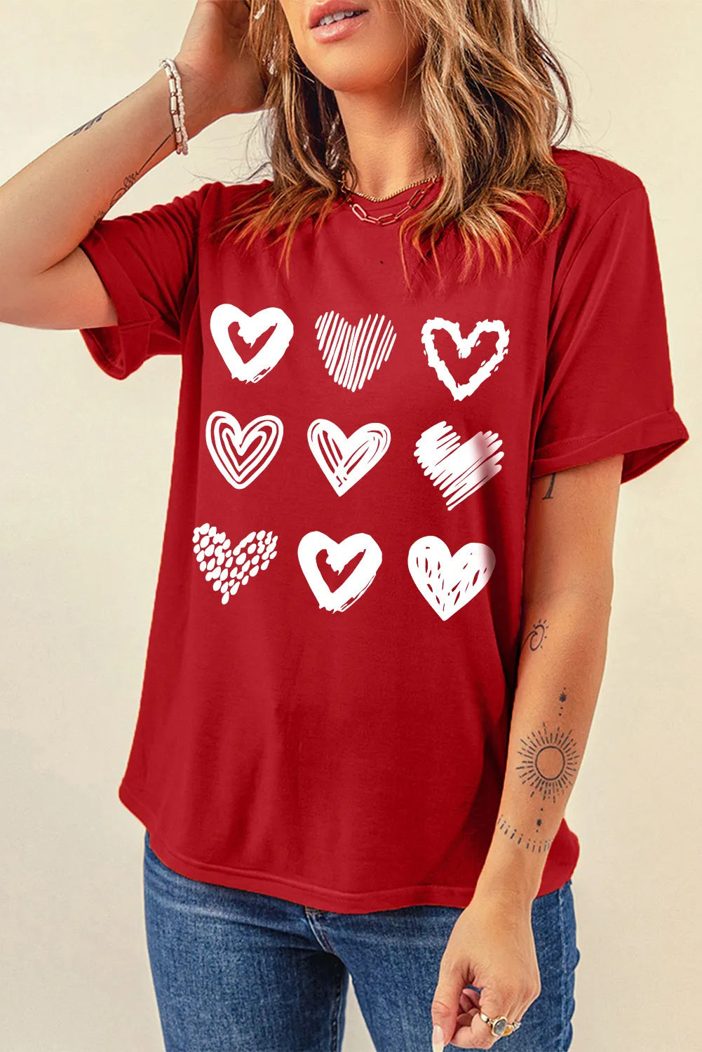 Various Heart Glitter Flocking Pattern Valentines Graphic Tee