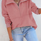 Pink Solid Color Zip Collar Sweatshirt with Pockets