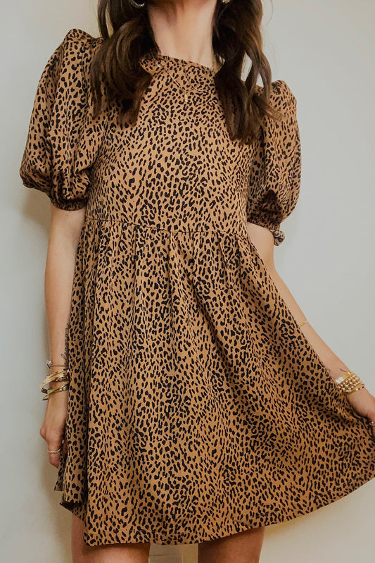 Leopard Animal Print Bubble Sleeve Babydoll Dress